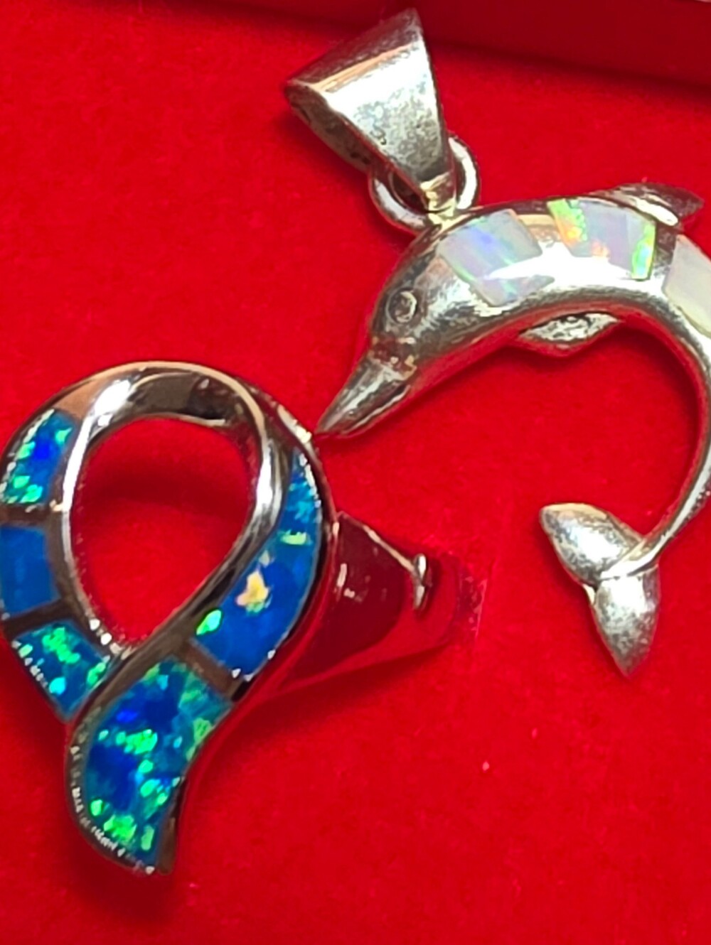 STERLING SILVER GENUINE OPAL DOLPHIN PENDANT & OPAL RING SZ 6.5
